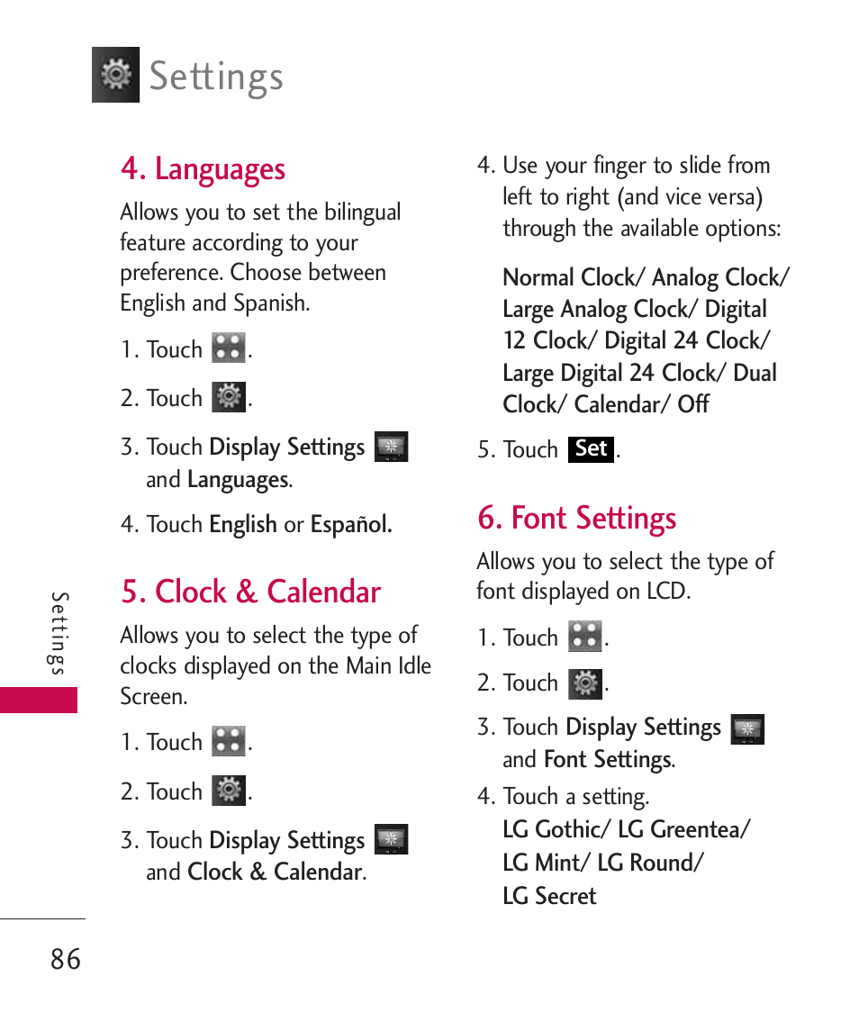 Languages, Clock & calendar, Font settings | Settings | LG Bliss MMBB0345401(1.0) User Manual | Page 88 / 143