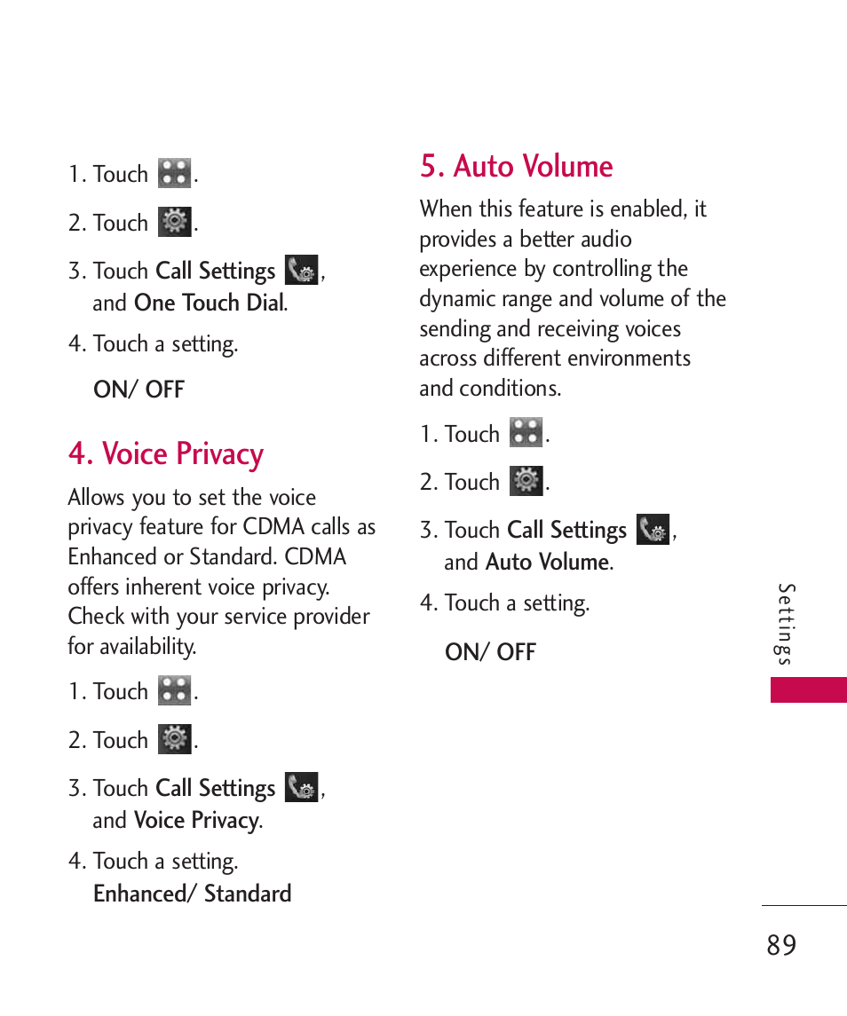 Voice privacy, Auto volume | LG Bliss MMBB0345401(1.0) User Manual | Page 91 / 143