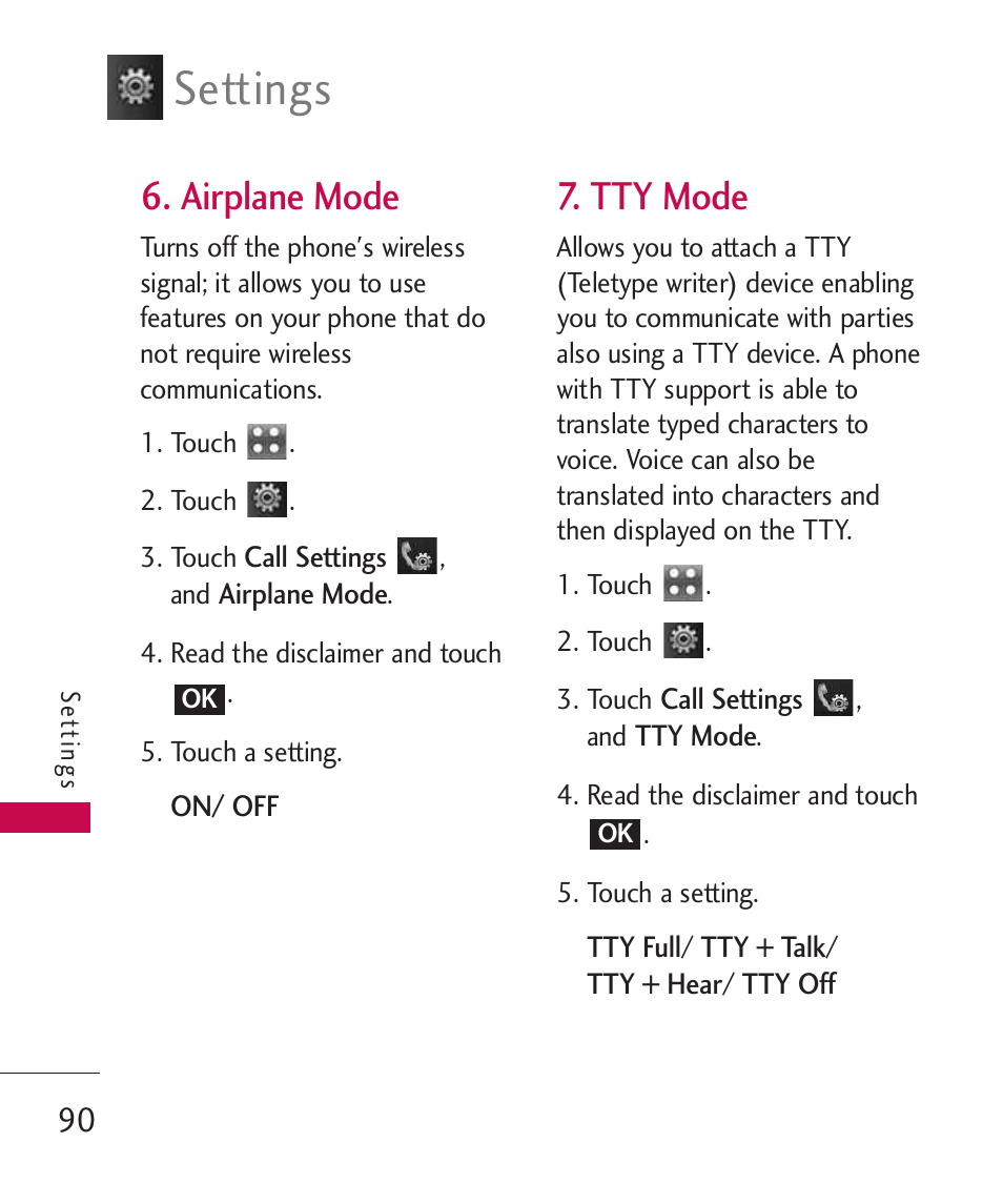 Airplane mode, Tty mode, Settings | LG Bliss MMBB0345401(1.0) User Manual | Page 92 / 143