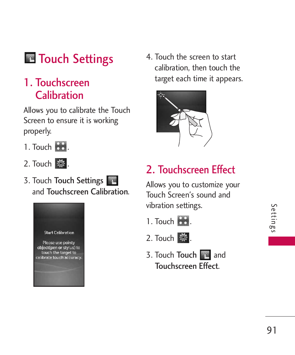 Touch settings, Touchscreen calibration, Touchscreen effect | LG Bliss MMBB0345401(1.0) User Manual | Page 93 / 143