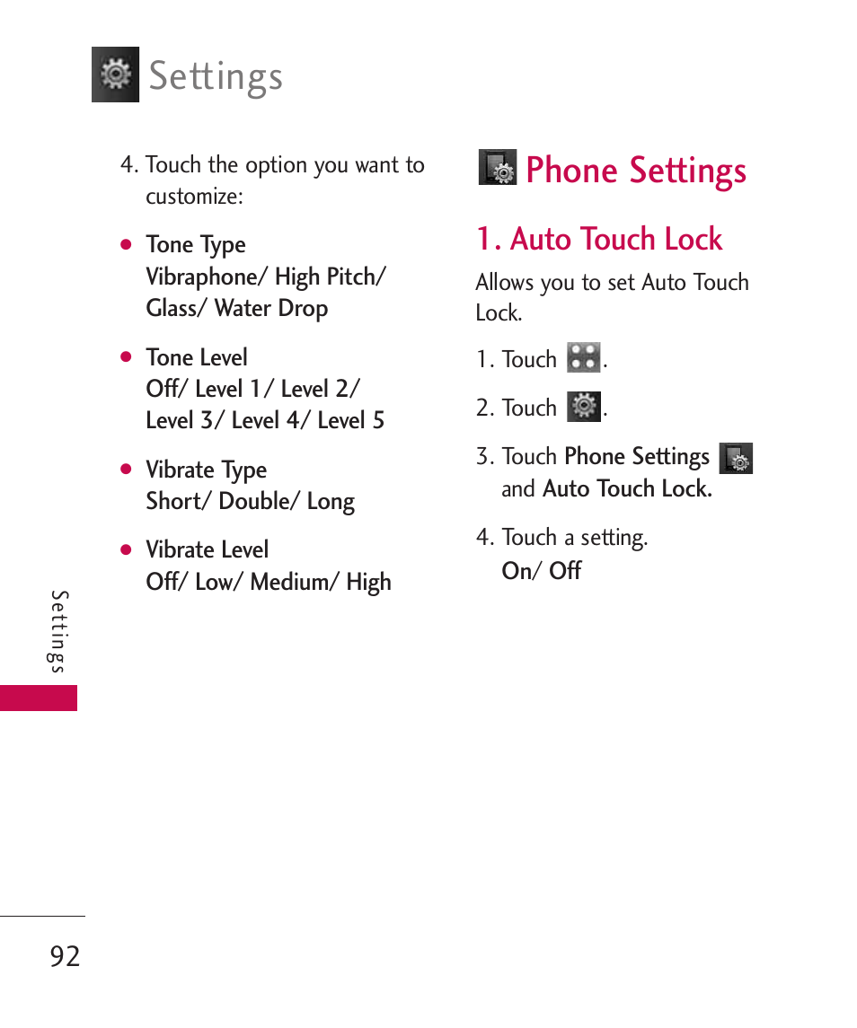 Phone settings, Auto touch lock, Settings | LG Bliss MMBB0345401(1.0) User Manual | Page 94 / 143