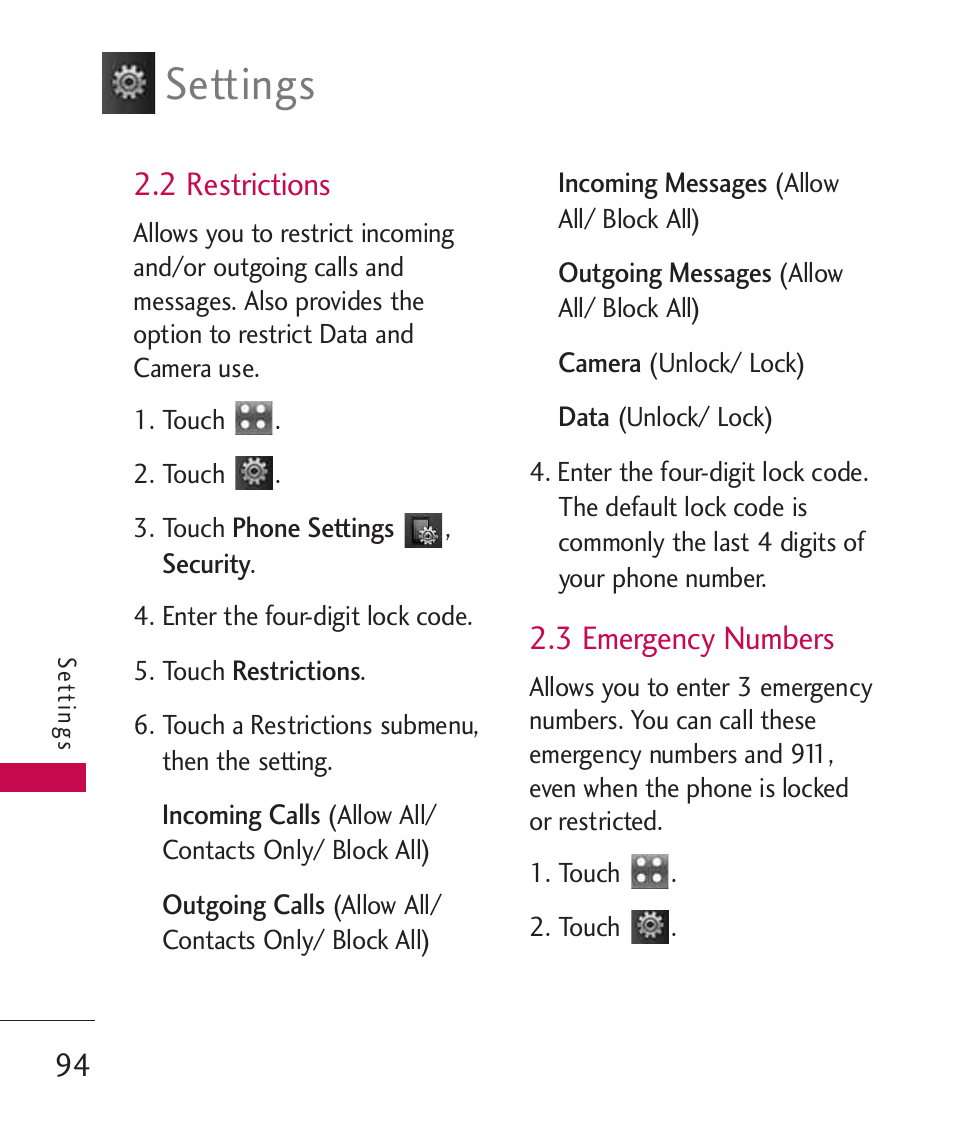 2 restrictions, 3 emergency numbers, Settings | LG Bliss MMBB0345401(1.0) User Manual | Page 96 / 143