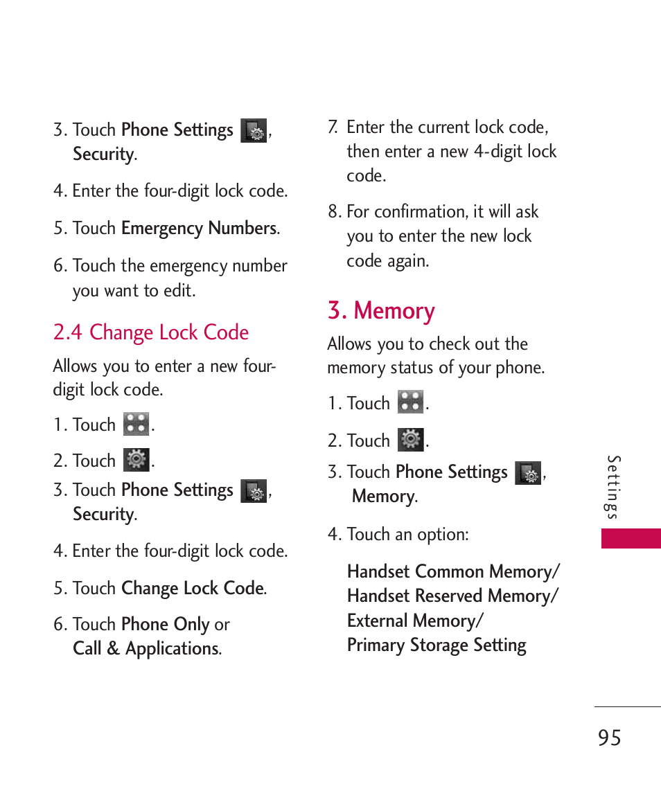 4 change lock code, Memory | LG Bliss MMBB0345401(1.0) User Manual | Page 97 / 143