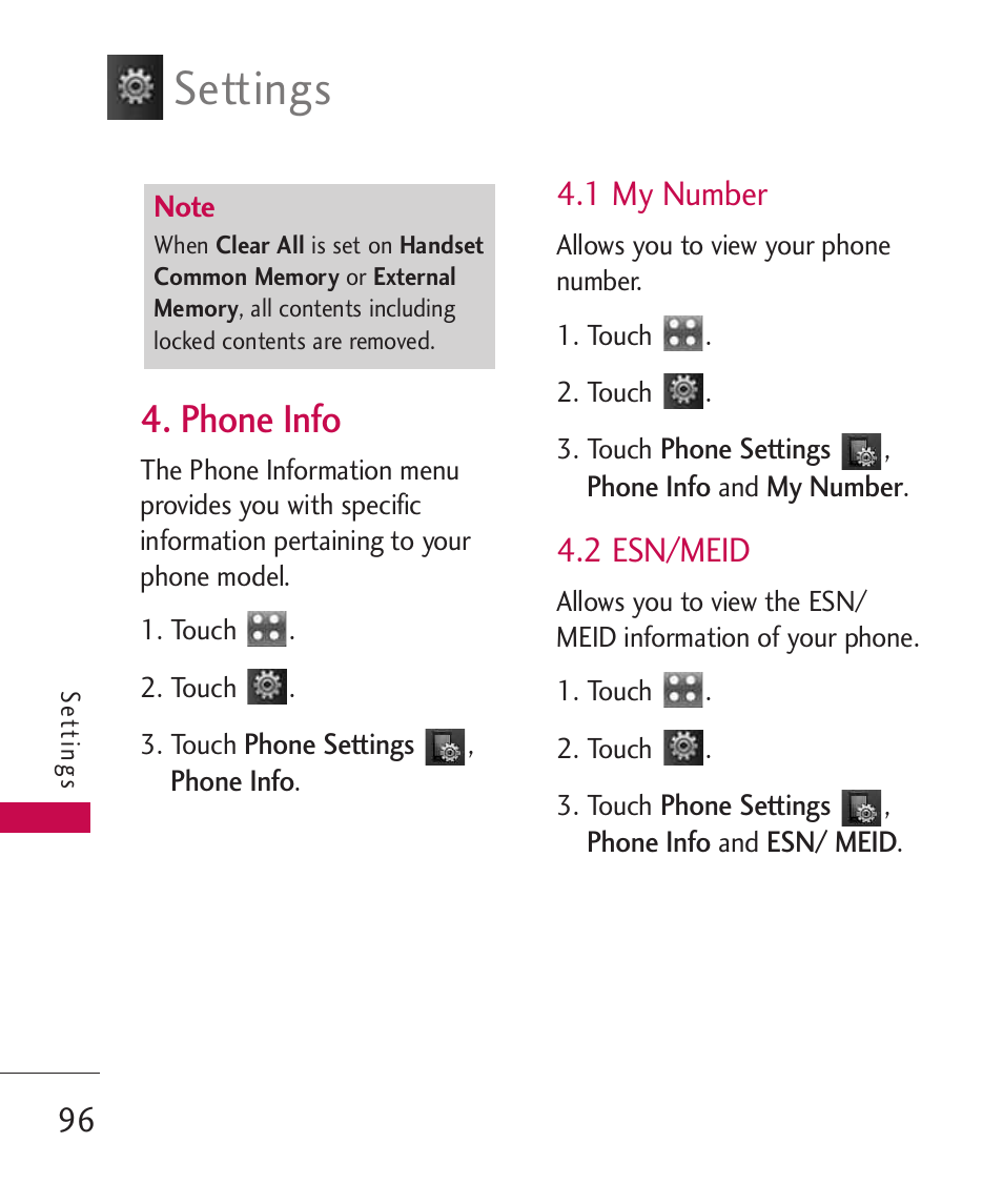 Phone info, 1 my number, 2 esn/meid | Settings | LG Bliss MMBB0345401(1.0) User Manual | Page 98 / 143