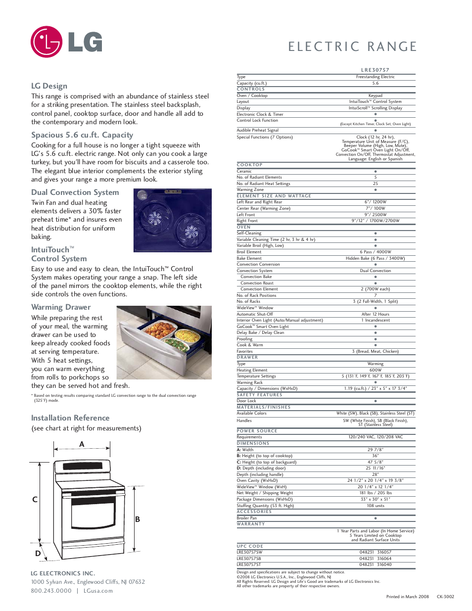 Lg design, Spacious 5.6 cu.ft. capacity, Dual convection system | Intuitouch, Control system, Warming drawer, Installation reference, Ac d b, Easy to use and easy to clean, the intuitouch, See chart at right for measurements) | LG LRE30757 User Manual | Page 2 / 2