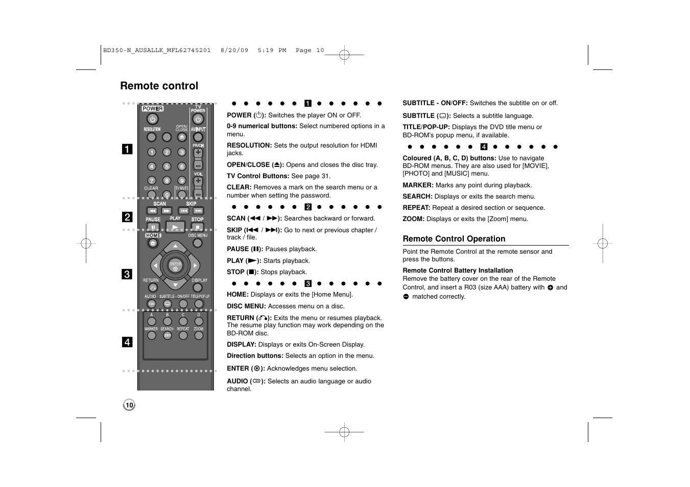 Remote control, Ab c d | LG BD270 User Manual | Page 10 / 36