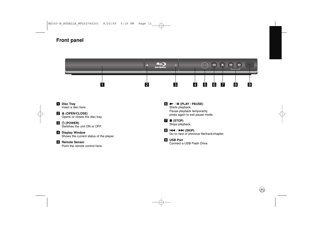 Front panel | LG BD270 User Manual | Page 11 / 36