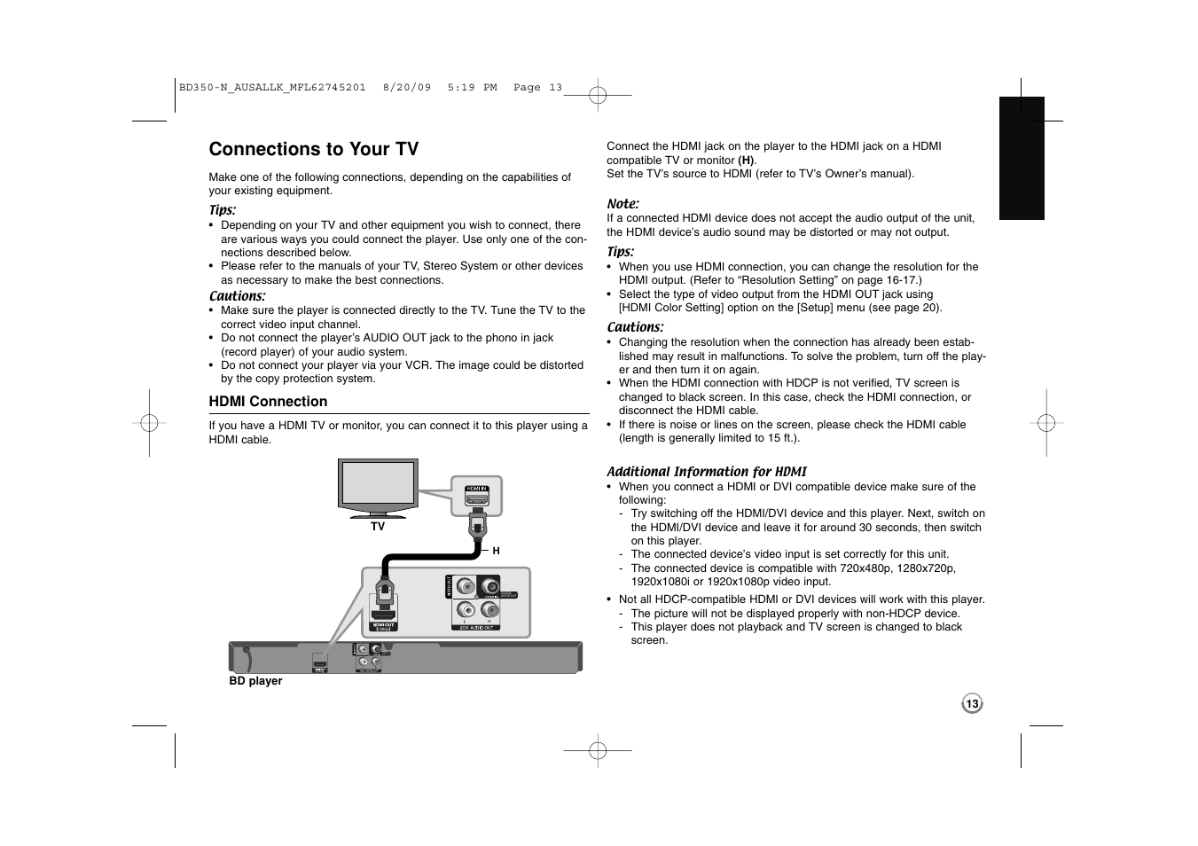 Connections to your tv, 1080p digital audio out | LG BD270 User Manual | Page 13 / 36