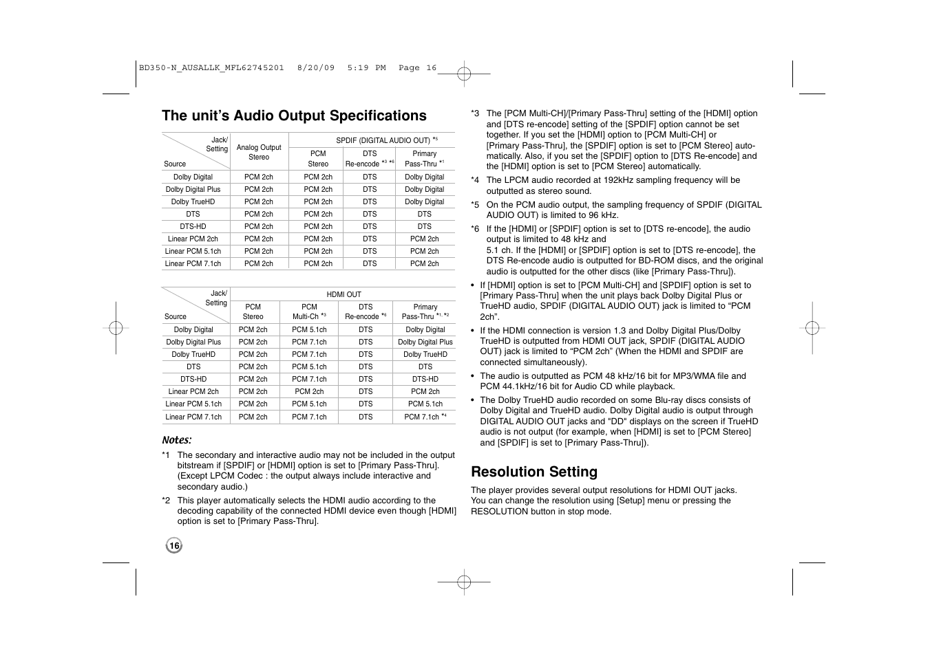 Resolution setting, The unit’s audio output specifications | LG BD270 User Manual | Page 16 / 36