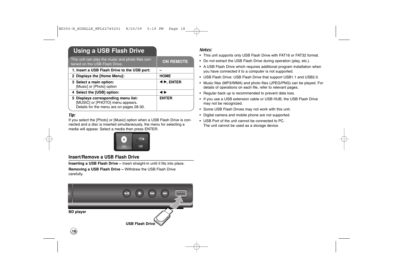 Using a usb flash drive | LG BD270 User Manual | Page 18 / 36