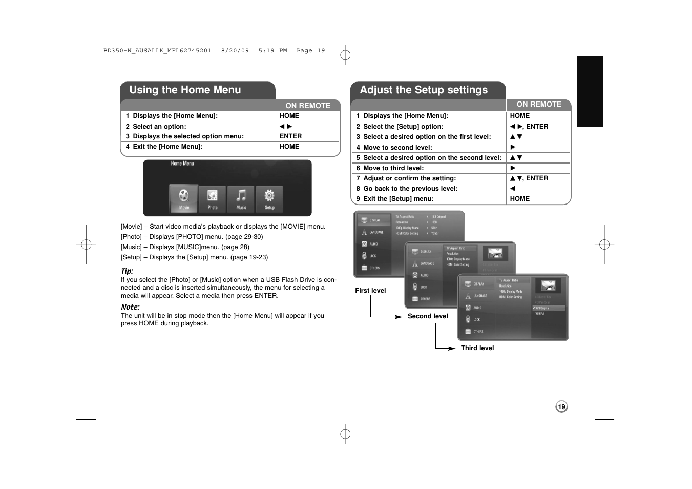 Using the home menu, Adjust the setup settings | LG BD270 User Manual | Page 19 / 36
