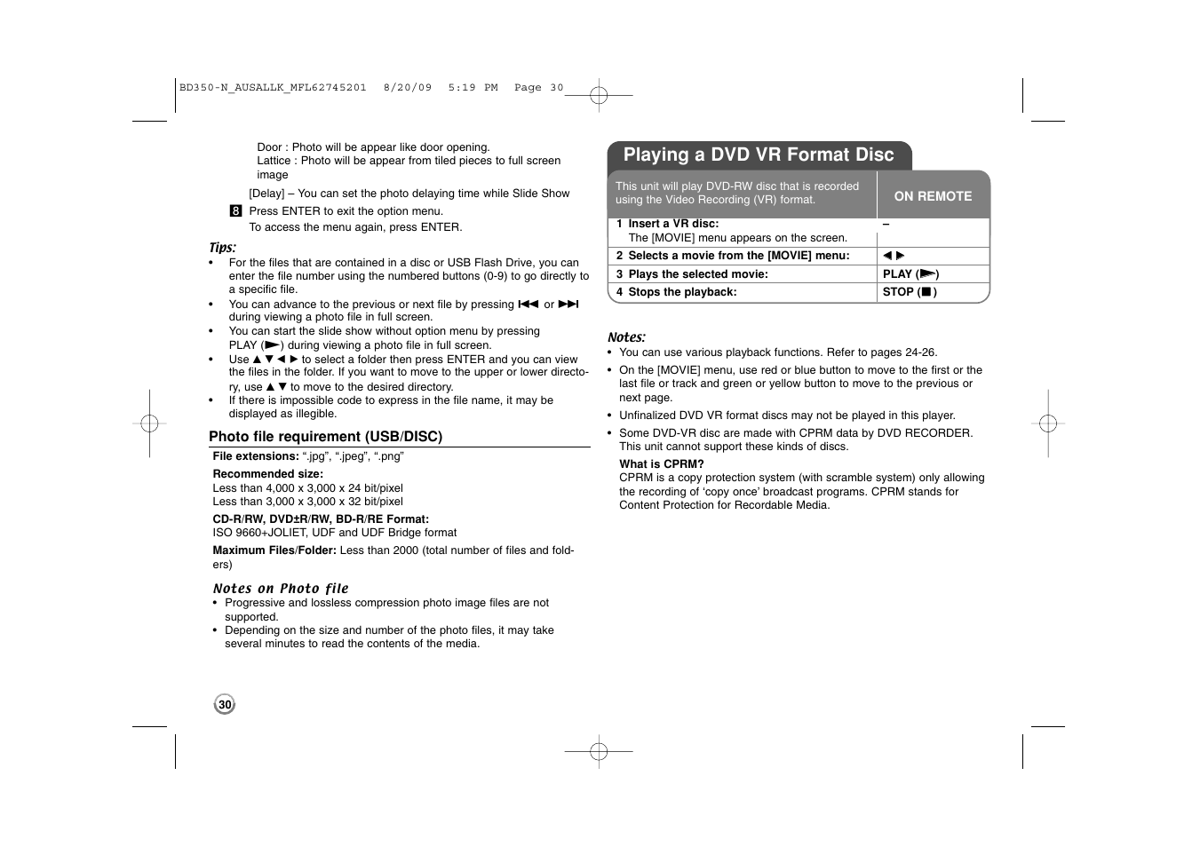 Playing a dvd vr format disc | LG BD270 User Manual | Page 30 / 36