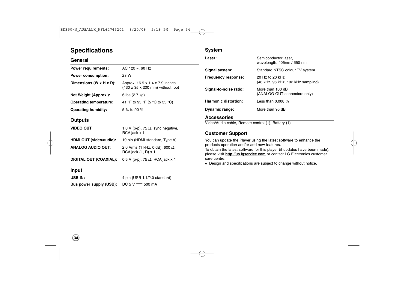 Specifications | LG BD270 User Manual | Page 34 / 36