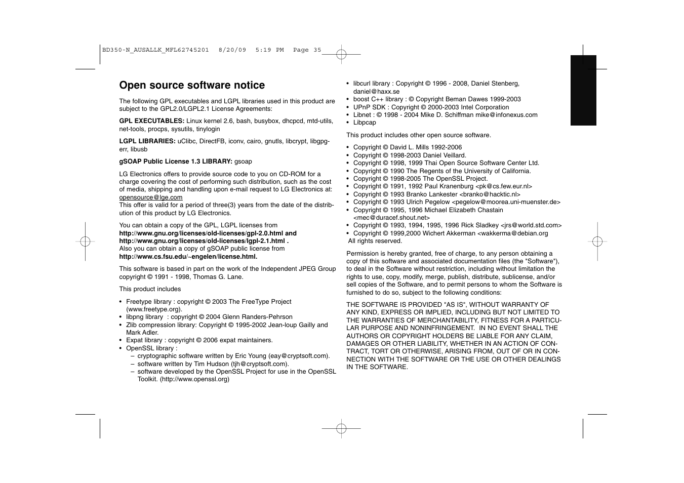 Open source software notice | LG BD270 User Manual | Page 35 / 36