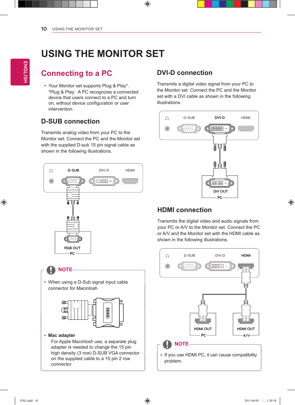 Using the monitor set, Connecting to a pc, D-sub connection | Dvi-d connection, Hdmi connection, 10 connecting to a pc 10 | LG CINEMA 3D MONITOR D2342P User Manual | Page 10 / 24