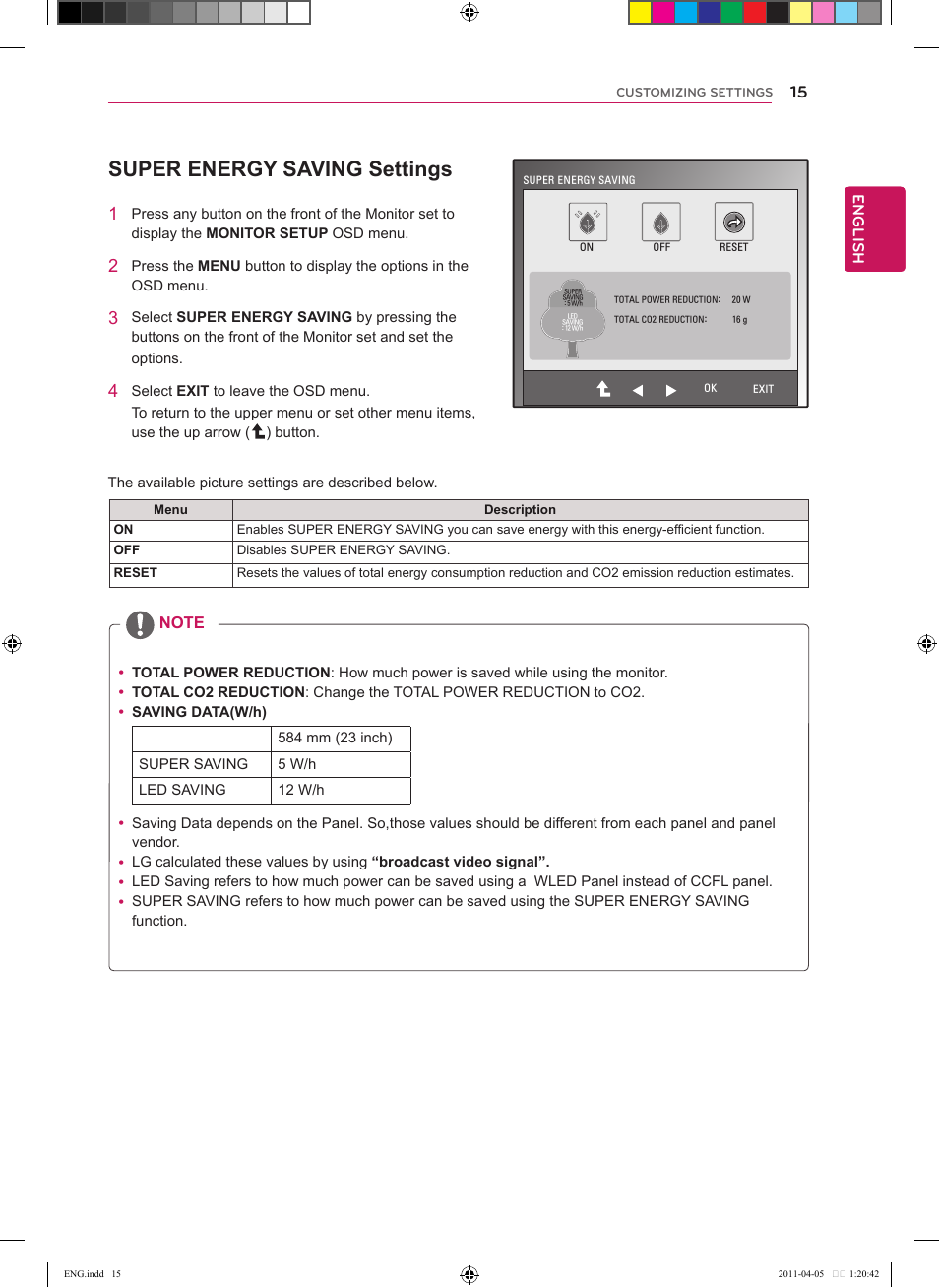 Super energy saving settings, Information.(see p.15) | LG CINEMA 3D MONITOR D2342P User Manual | Page 15 / 24