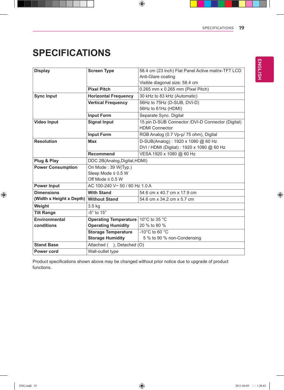 Specifications | LG CINEMA 3D MONITOR D2342P User Manual | Page 19 / 24