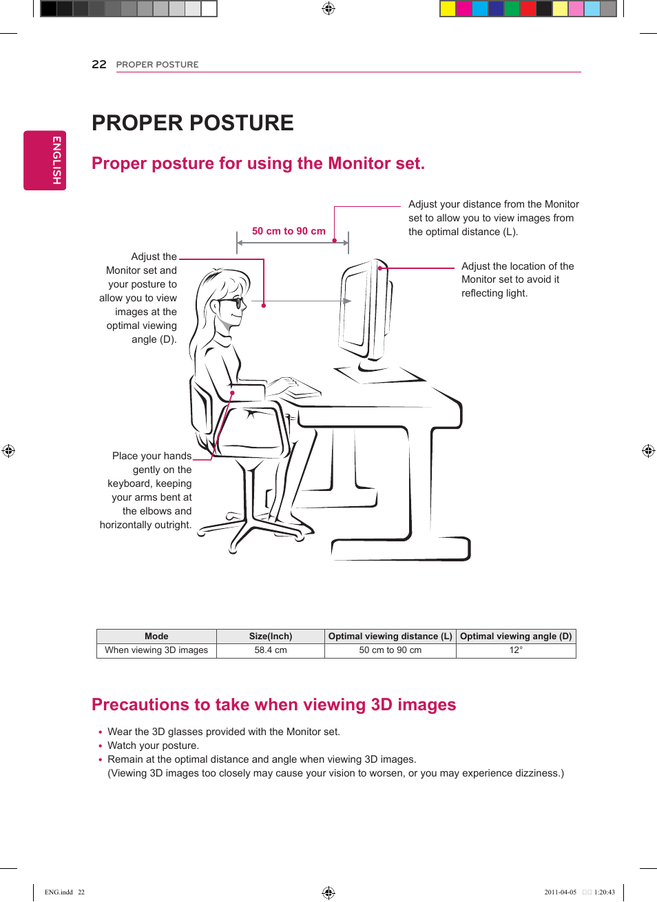 Proper posture, Proper posture for using the monitor set, Precautions to take when viewing 3d images | Ages | LG CINEMA 3D MONITOR D2342P User Manual | Page 22 / 24