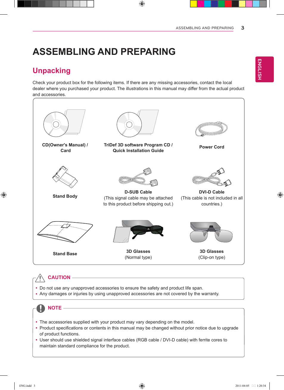 Assembling and preparing, Unpacking | LG CINEMA 3D MONITOR D2342P User Manual | Page 3 / 24