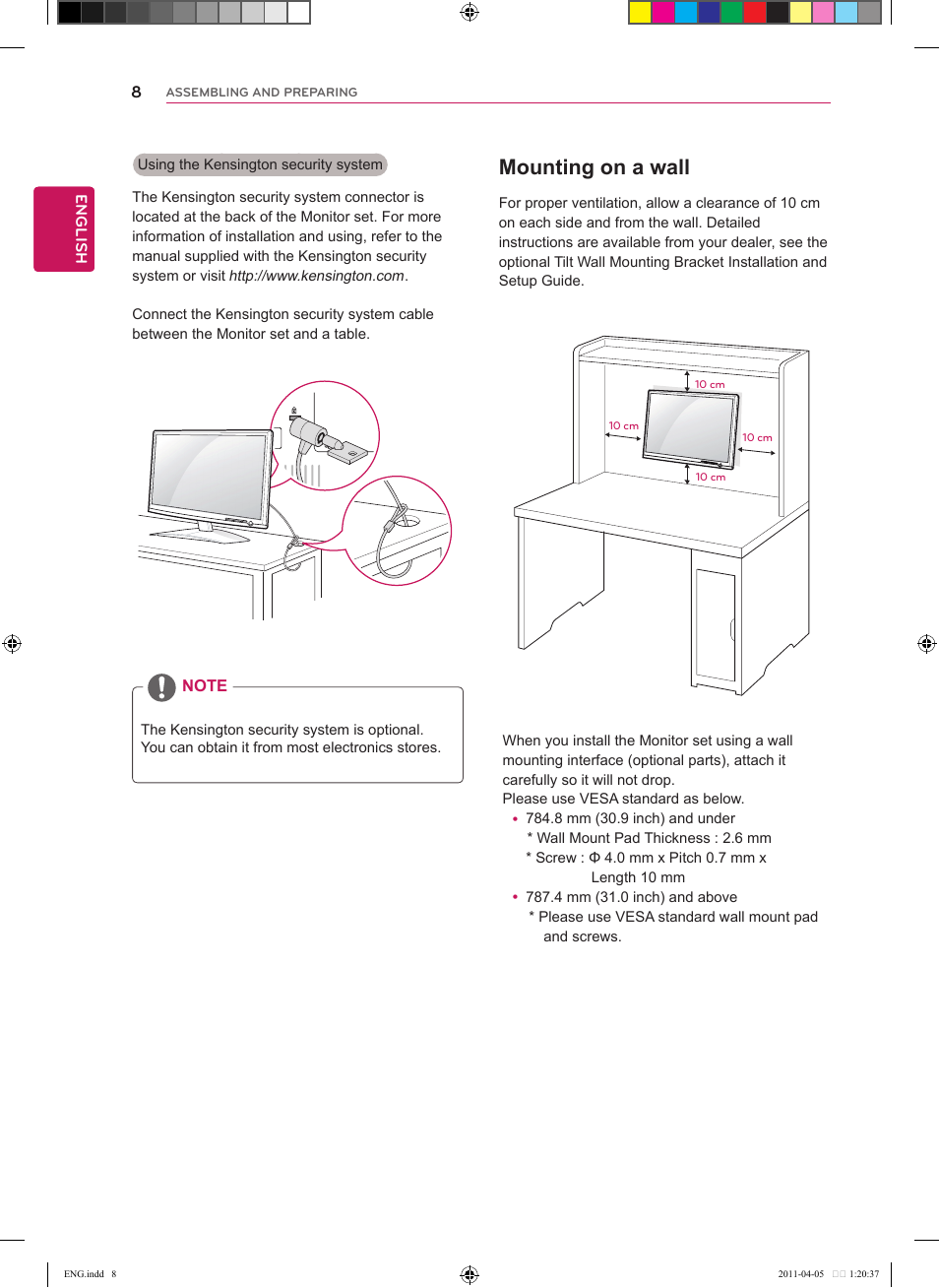 Mounting on a wall | LG CINEMA 3D MONITOR D2342P User Manual | Page 8 / 24