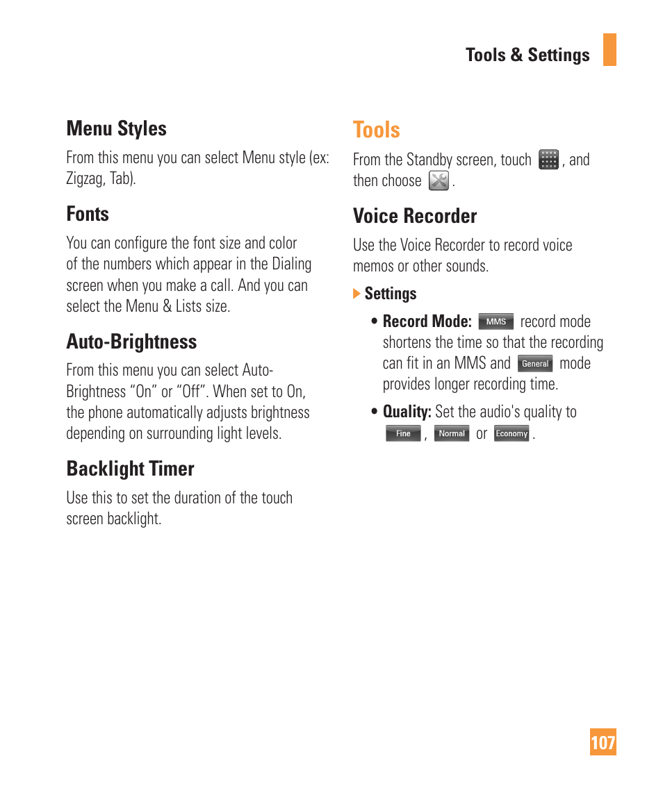 Tools, Menu styles, Fonts | Auto-brightness, Backlight timer, Voice recorder | LG ARENA User Manual | Page 111 / 149