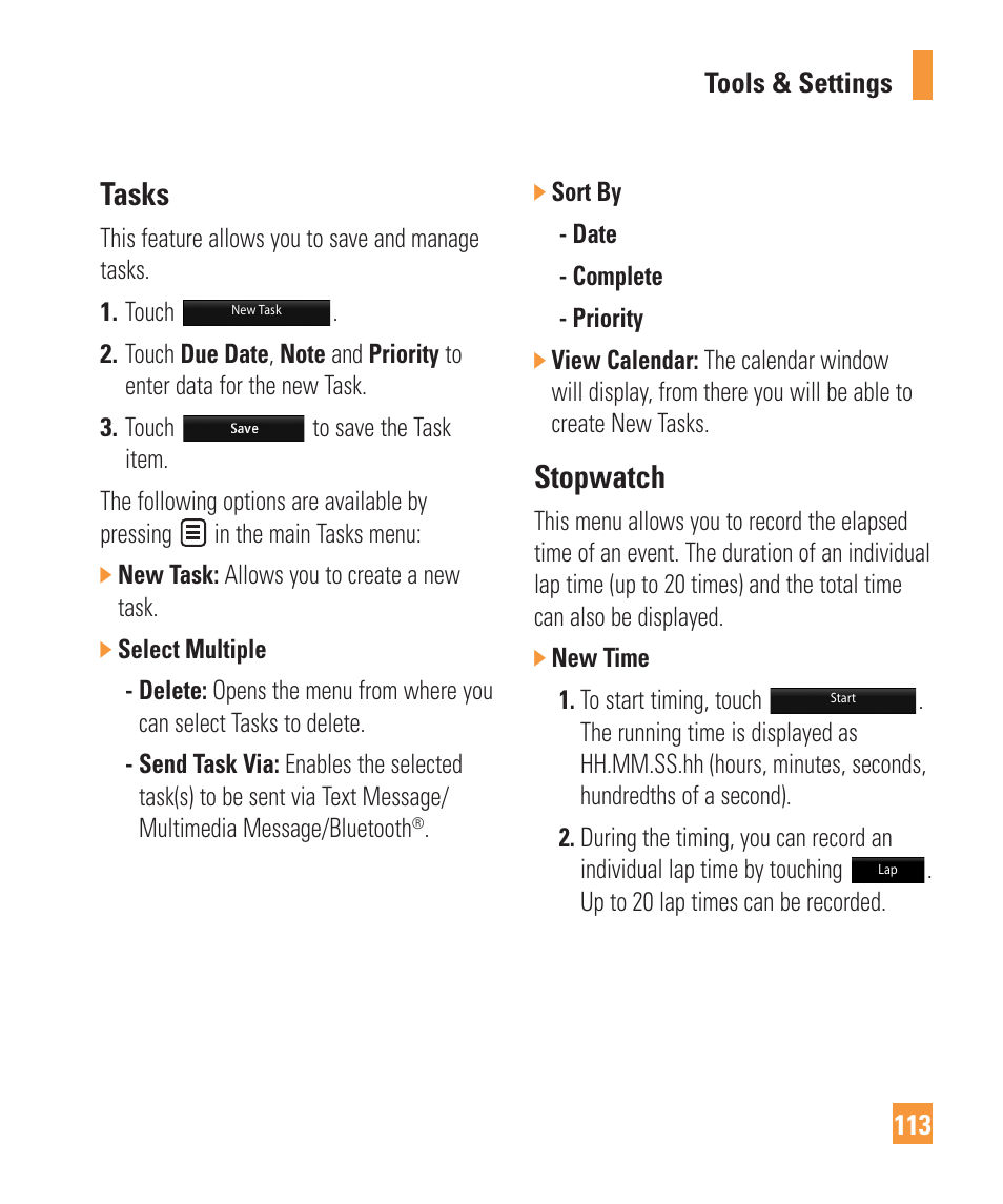 Tasks, Stopwatch | LG ARENA User Manual | Page 117 / 149