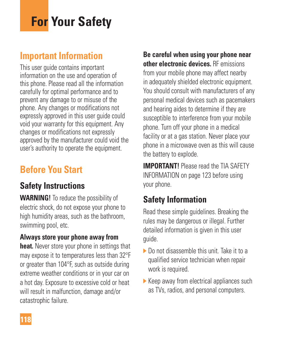 For your safety, Important information, Before you start | Safety instructions, Safety information | LG ARENA User Manual | Page 122 / 149