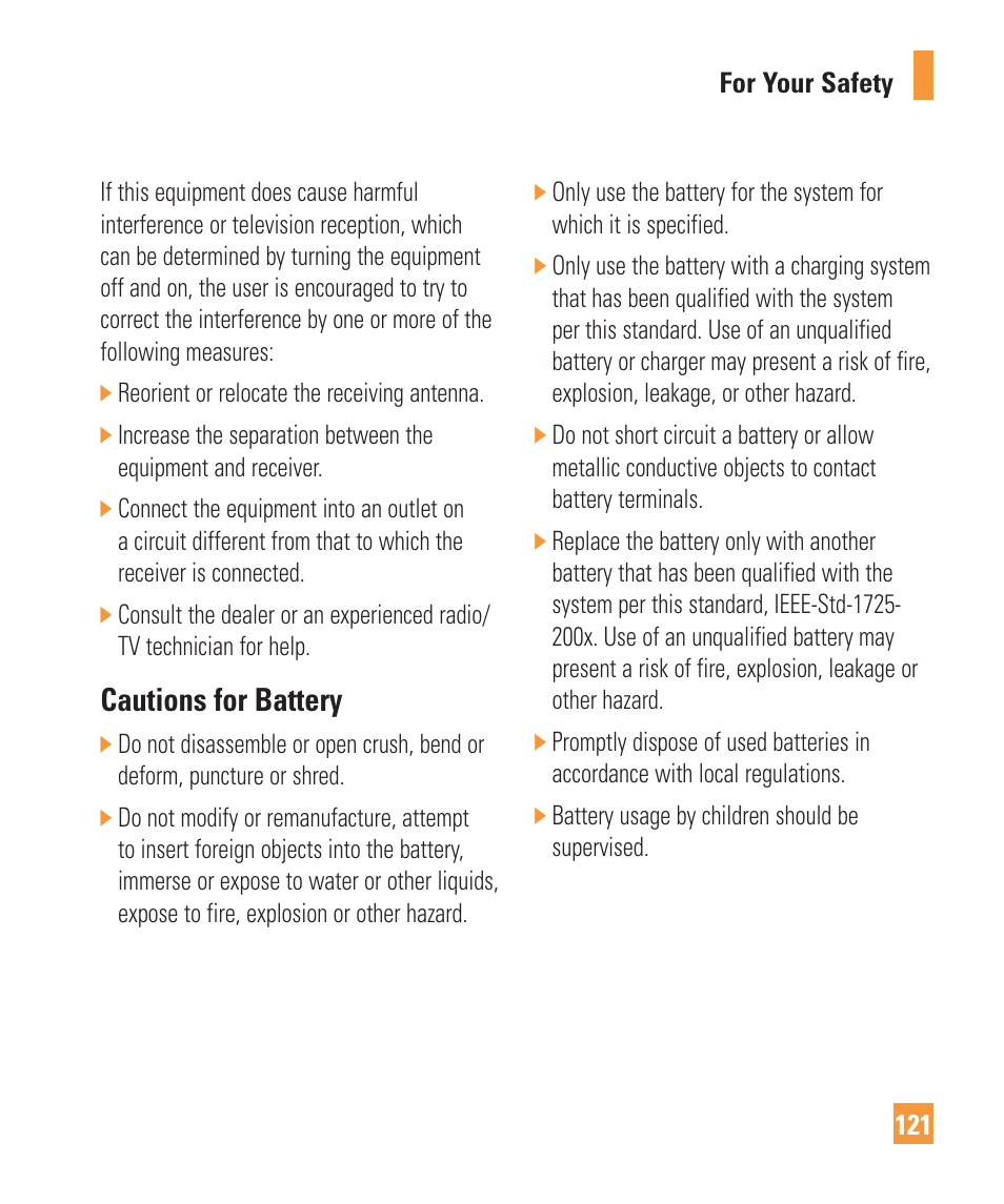 Cautions for battery | LG ARENA User Manual | Page 125 / 149