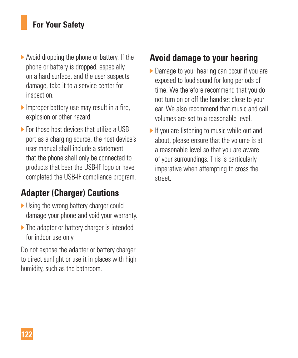 Adapter (charger) cautions, Avoid damage to your hearing | LG ARENA User Manual | Page 126 / 149