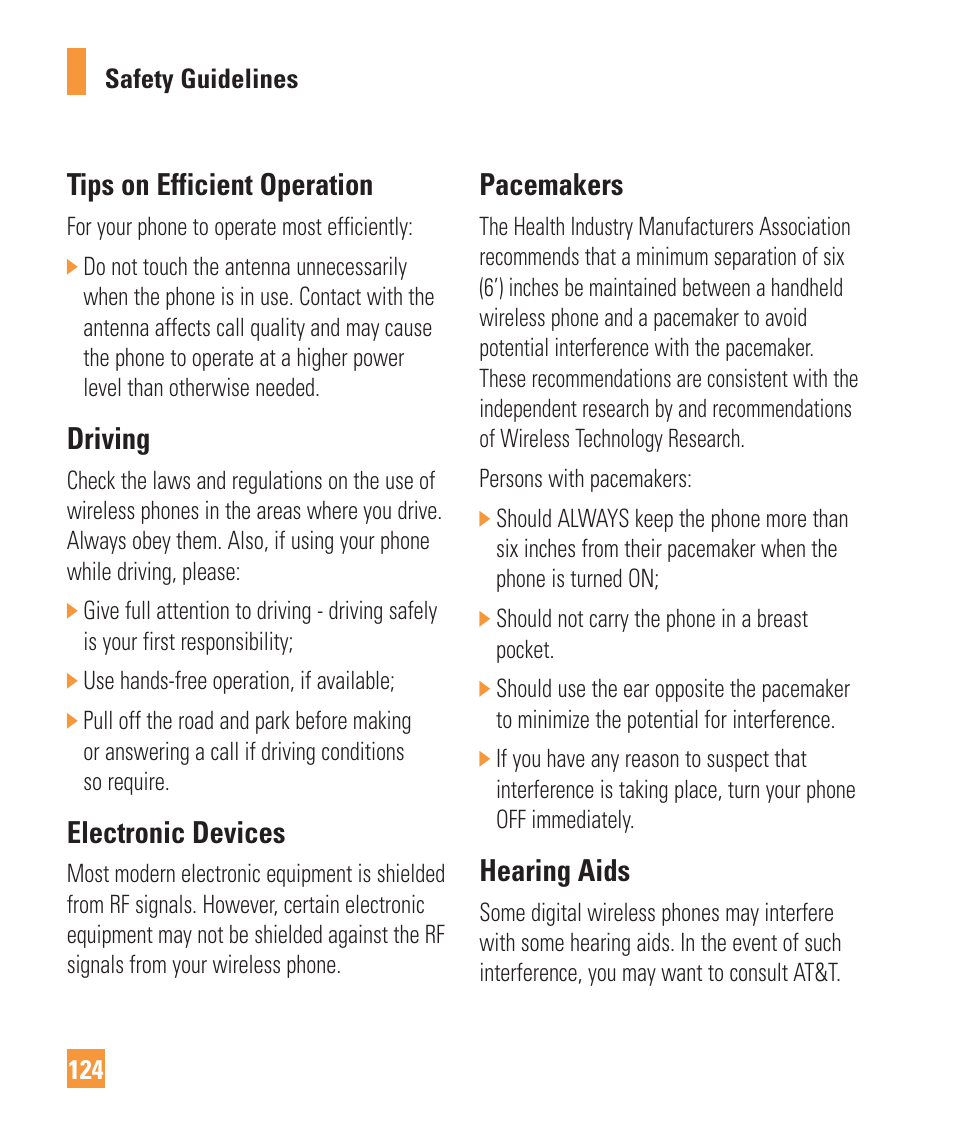 Tips on efficient operation, Driving, Electronic devices | Pacemakers, Hearing aids | LG ARENA User Manual | Page 128 / 149