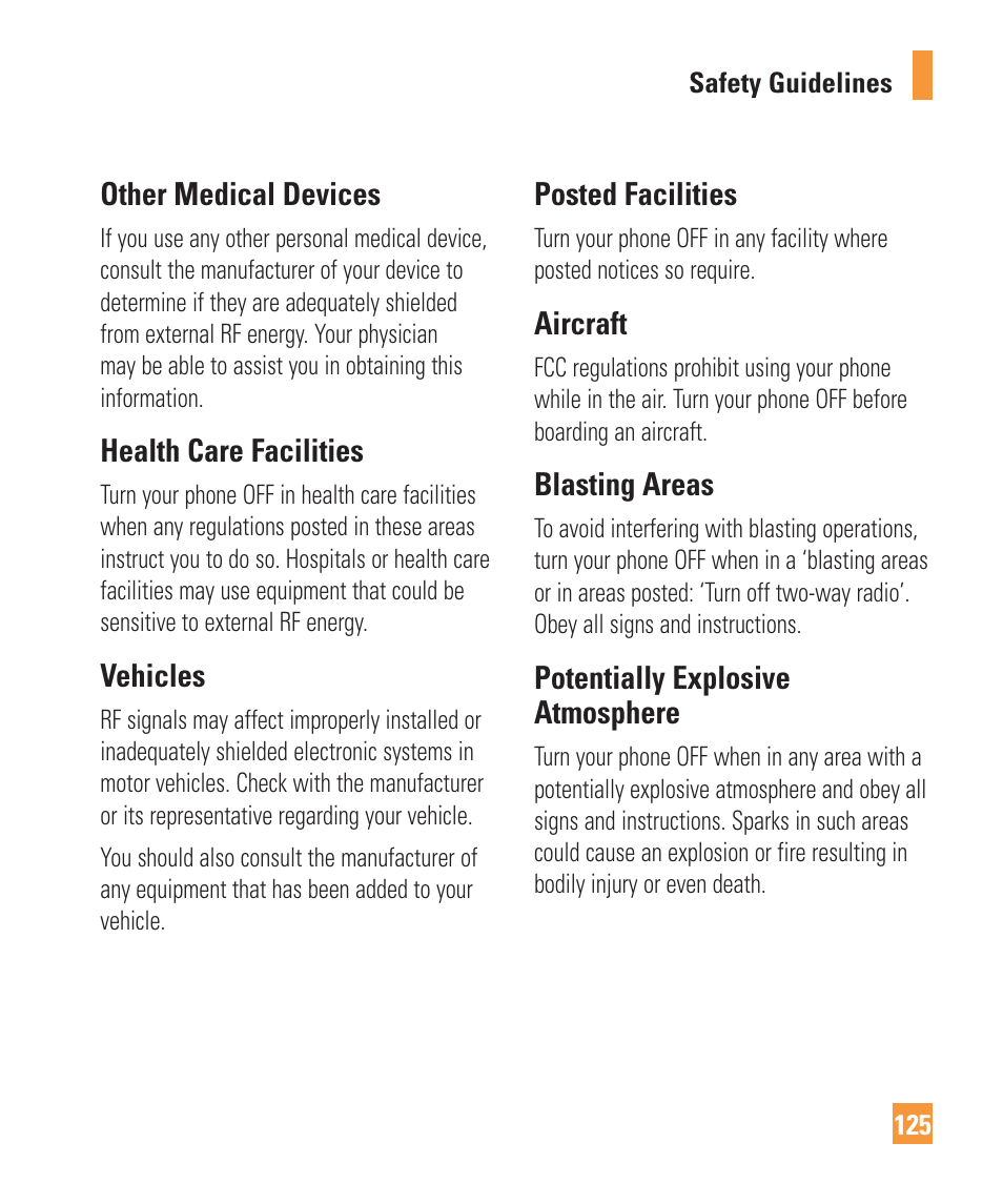 Other medical devices, Health care facilities, Vehicles | Posted facilities, Aircraft, Blasting areas, Potentially explosive atmosphere | LG ARENA User Manual | Page 129 / 149