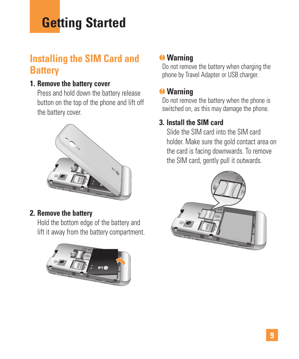 Getting started, Installing the sim card and battery | LG ARENA User Manual | Page 13 / 149