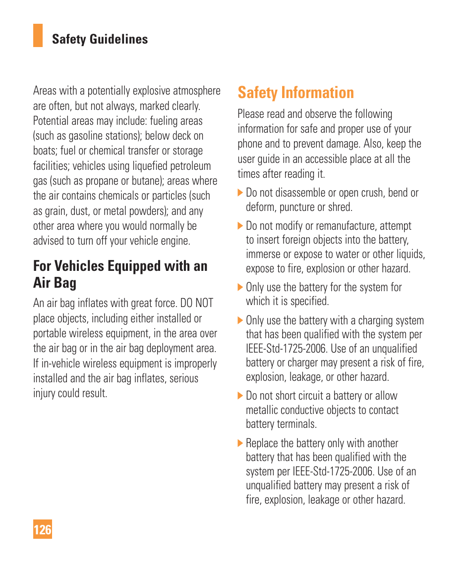 Safety information, For vehicles equipped with an air bag | LG ARENA User Manual | Page 130 / 149