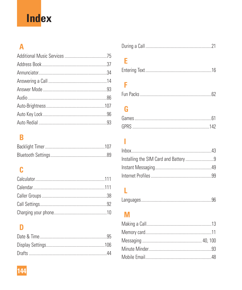 Index | LG ARENA User Manual | Page 148 / 149