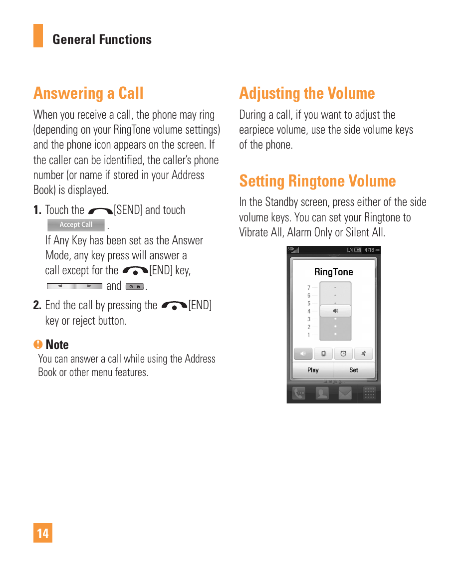 Answering a call, Adjusting the volume, Setting ringtone volume | LG ARENA User Manual | Page 18 / 149