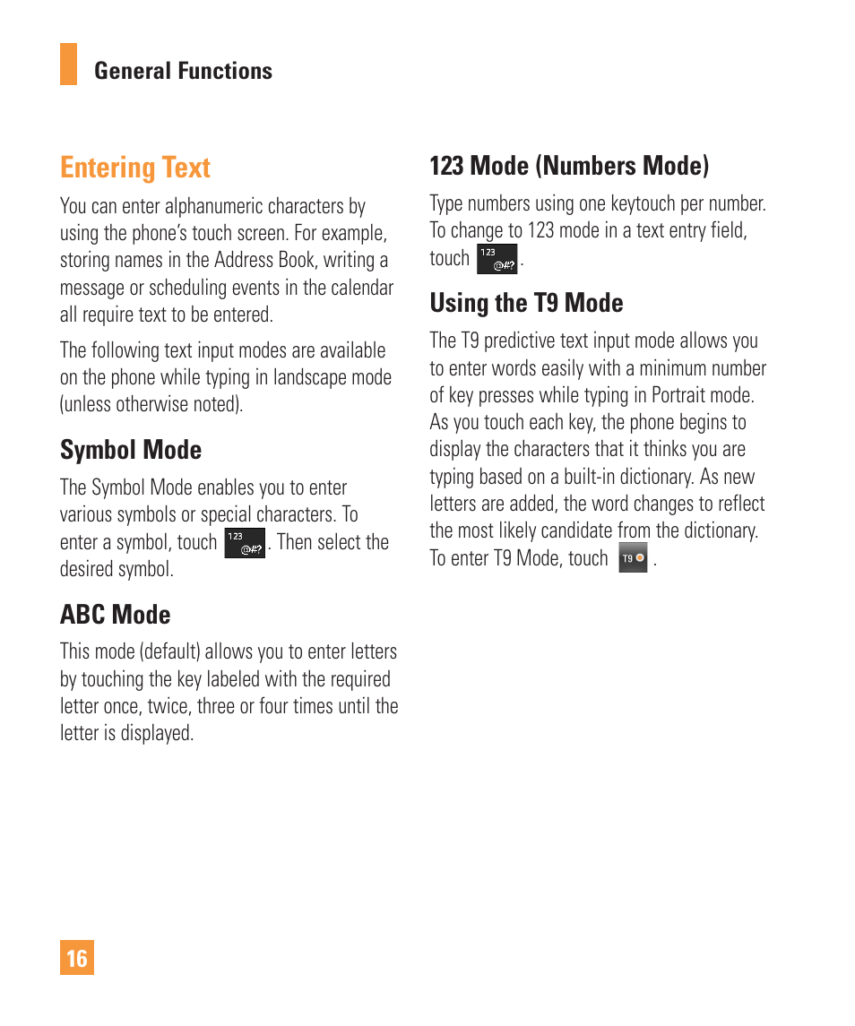 Entering text, Symbol mode, Abc mode | 123 mode (numbers mode), Using the t9 mode | LG ARENA User Manual | Page 20 / 149