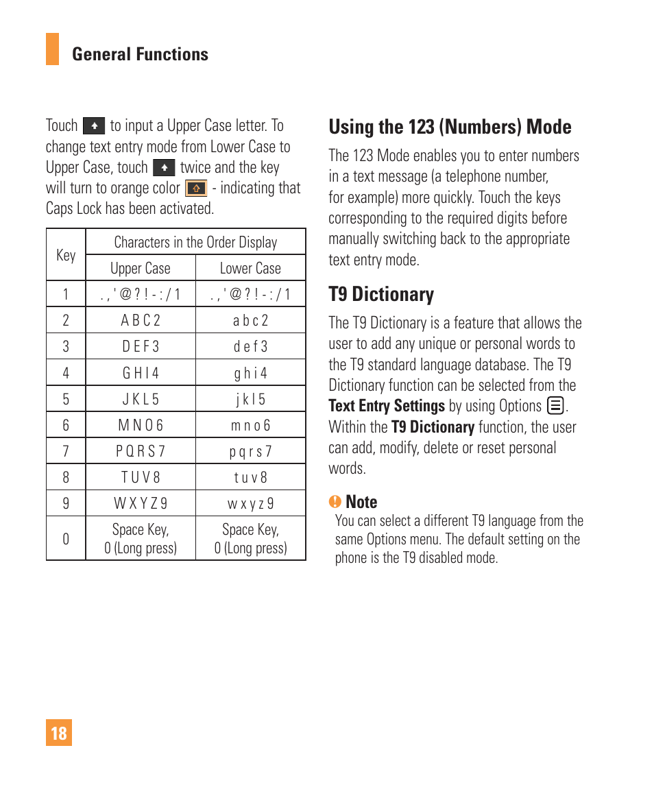 Using the 123 (numbers) mode, T9 dictionary | LG ARENA User Manual | Page 22 / 149