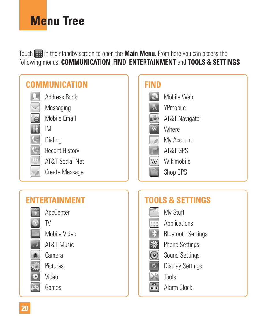 Menu tree | LG ARENA User Manual | Page 24 / 149