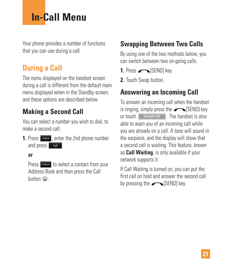 In-call menu, During a call, Making a second call | Swapping between two calls, Answering an incoming call | LG ARENA User Manual | Page 25 / 149