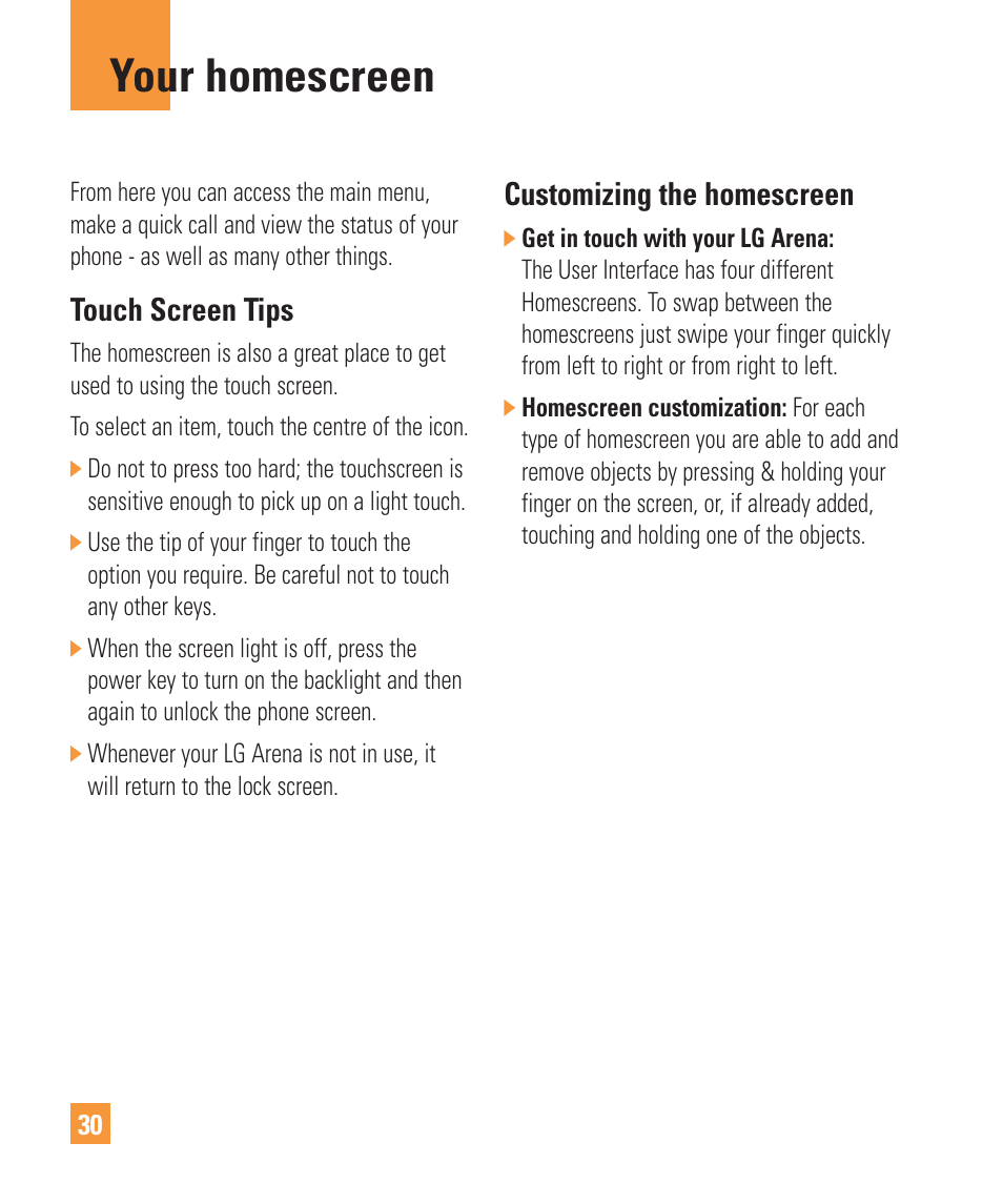 Your homescreen, Touch screen tips, Customizing the homescreen | LG ARENA User Manual | Page 34 / 149