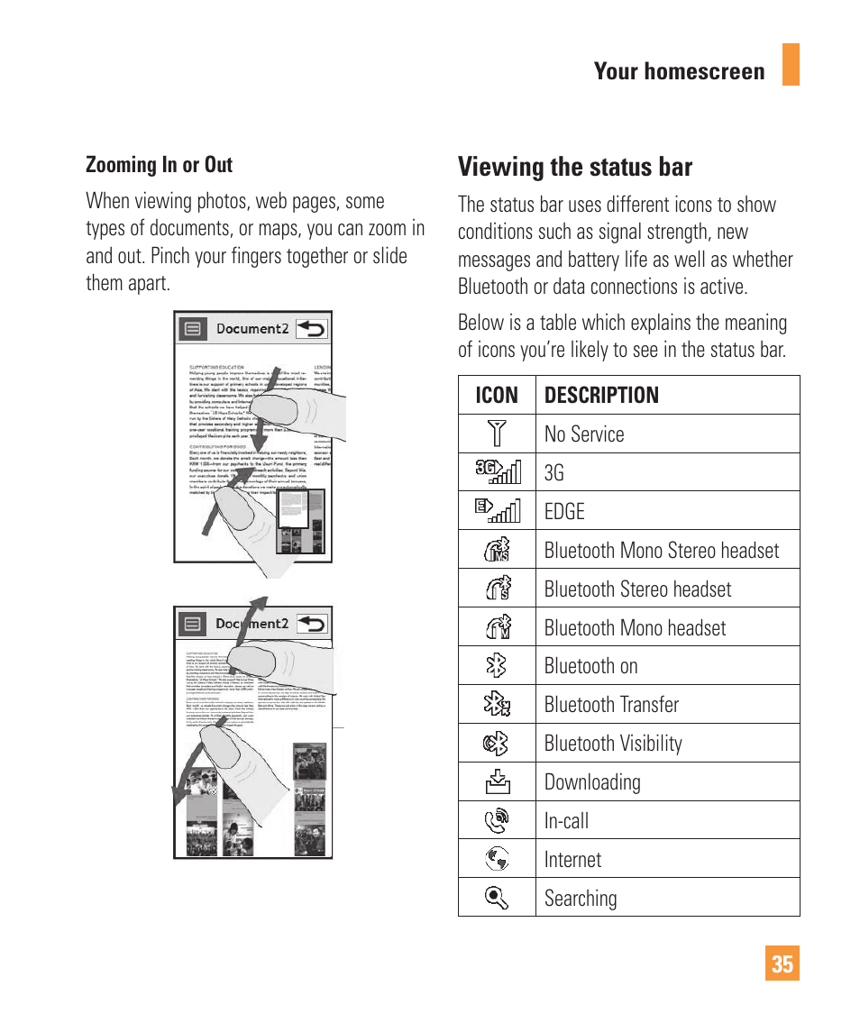 Viewing the status bar | LG ARENA User Manual | Page 39 / 149