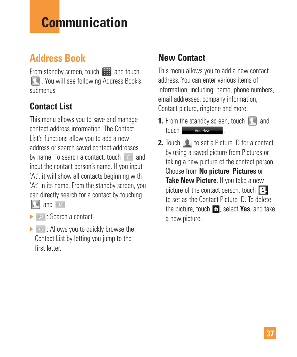 Communication, Address book, Contact list | New contact | LG ARENA User Manual | Page 41 / 149