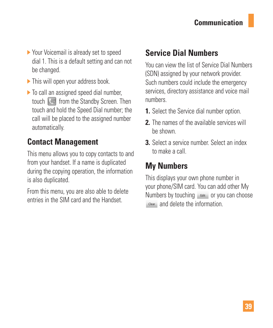 Contact management, Service dial numbers, My numbers | LG ARENA User Manual | Page 43 / 149