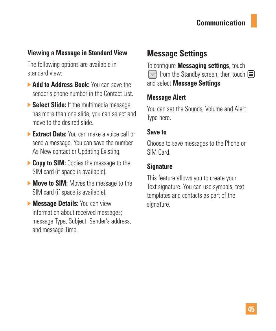 Message settings | LG ARENA User Manual | Page 49 / 149