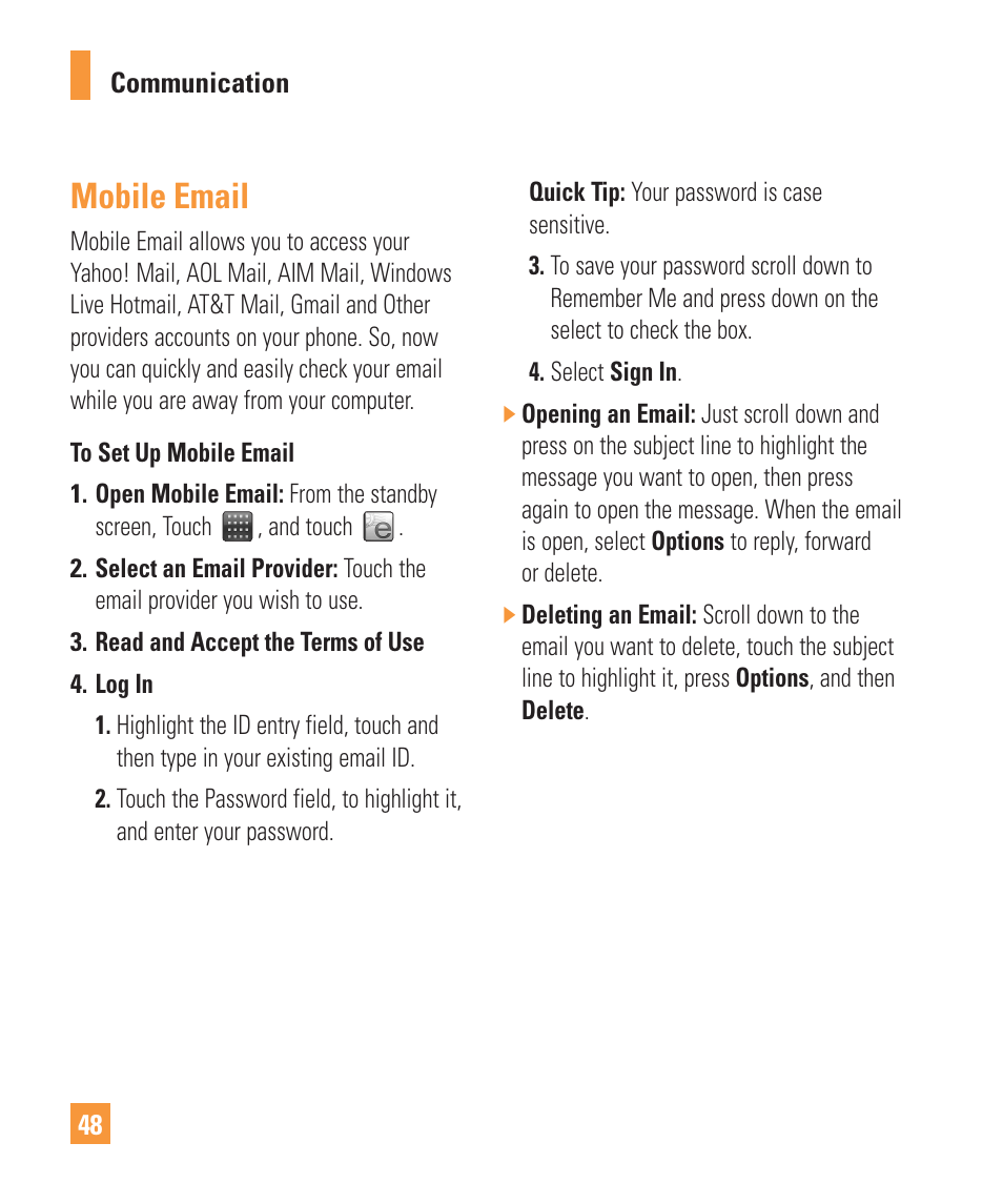 Mobile email | LG ARENA User Manual | Page 52 / 149