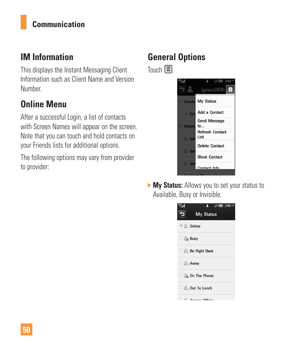 Im information, Online menu, General options | LG ARENA User Manual | Page 54 / 149