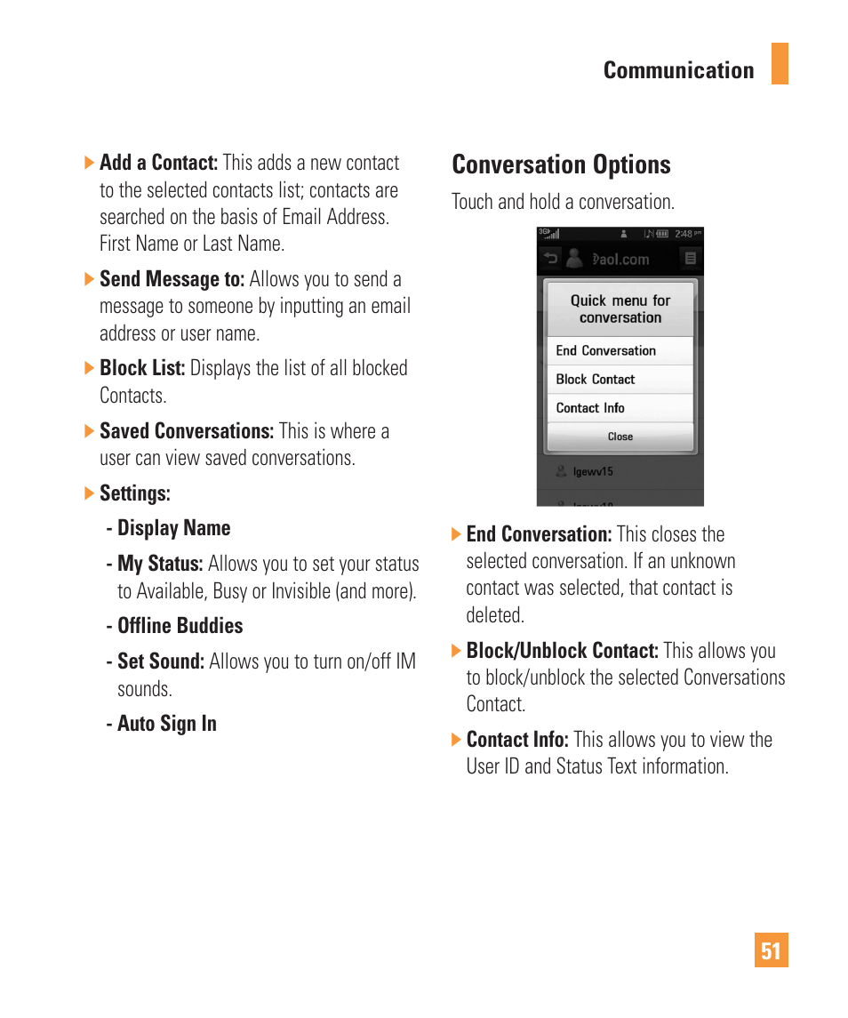 Conversation options | LG ARENA User Manual | Page 55 / 149