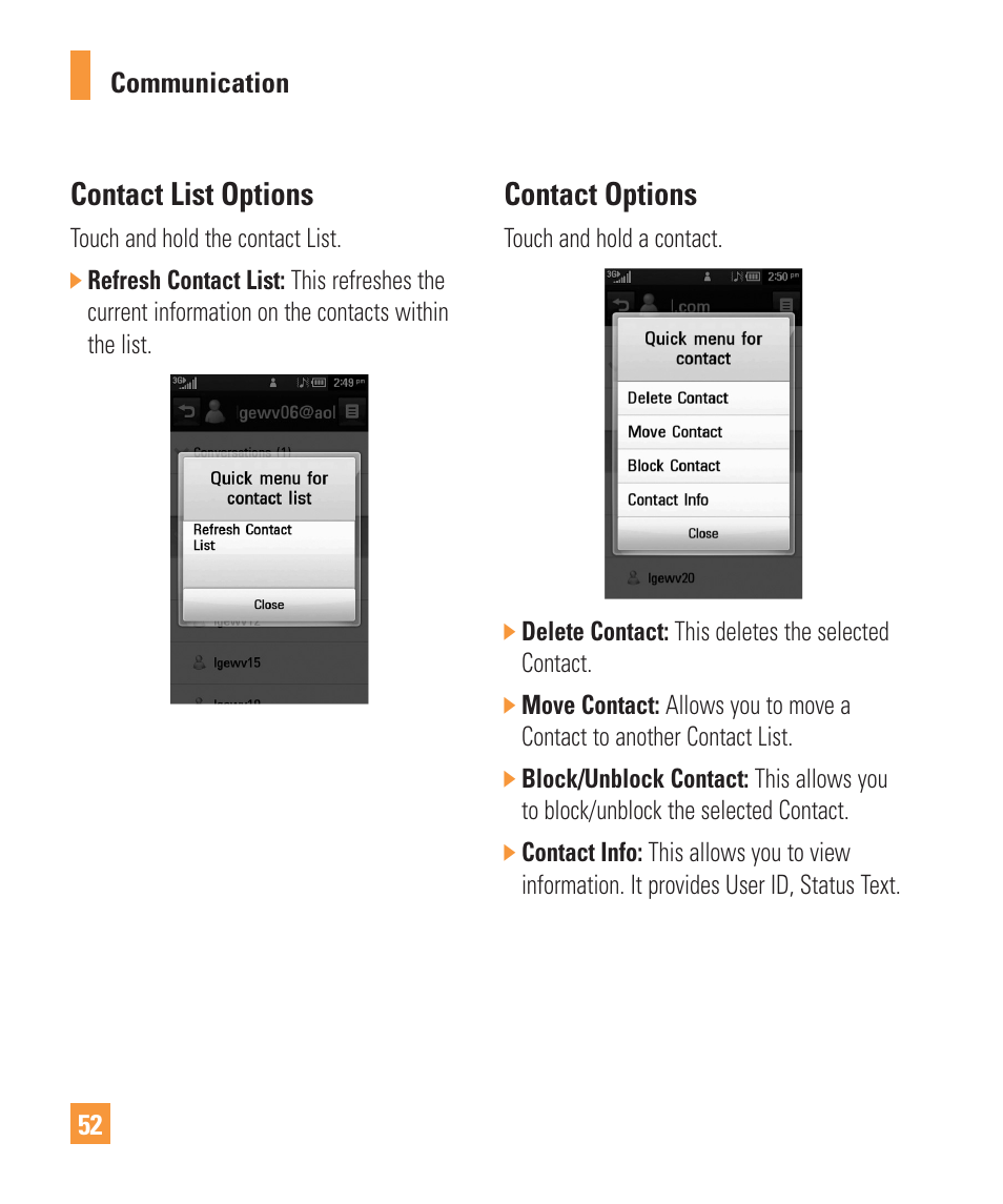 Contact list options, Contact options | LG ARENA User Manual | Page 56 / 149