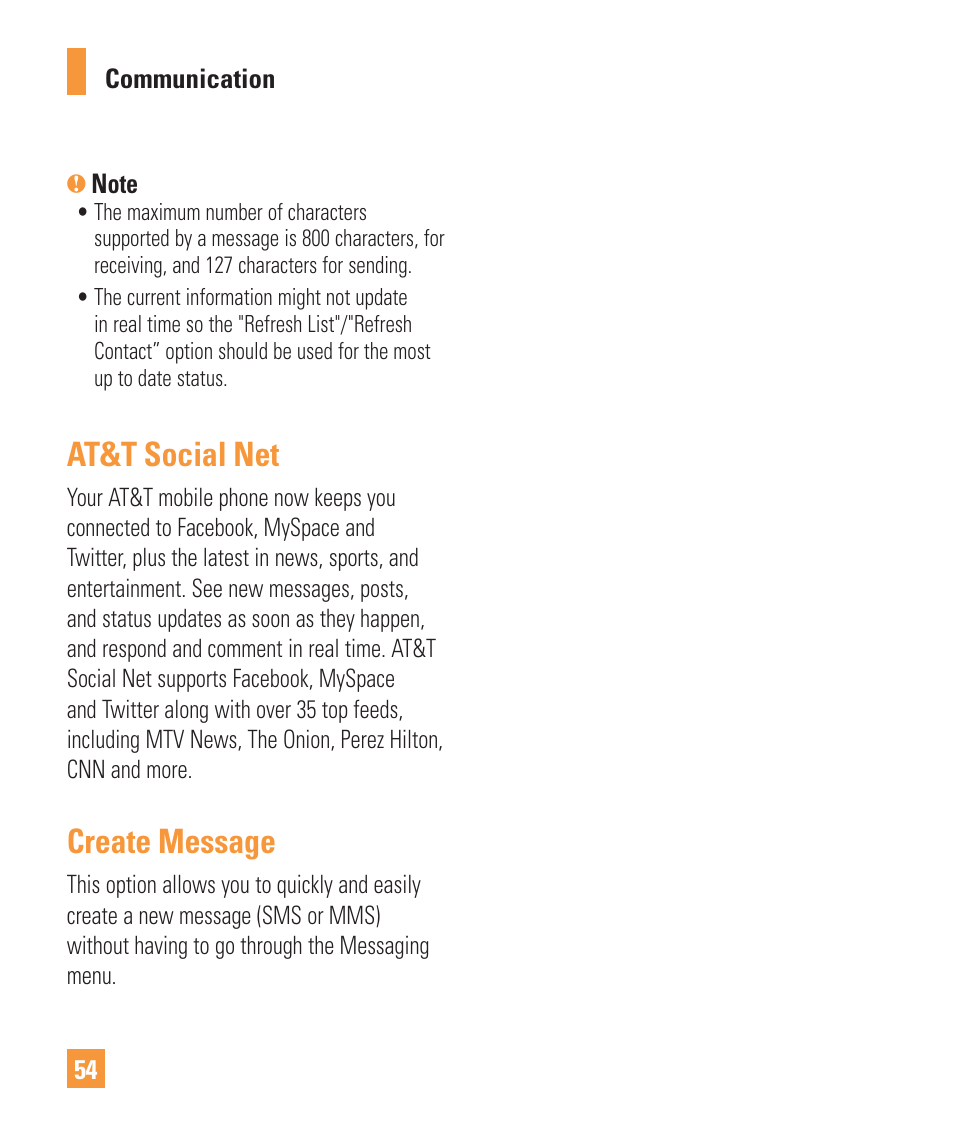 At&t social net, Create message | LG ARENA User Manual | Page 58 / 149