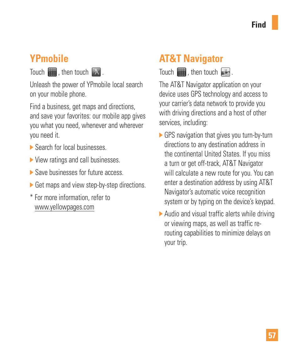 Ypmobile, At&t navigator | LG ARENA User Manual | Page 61 / 149